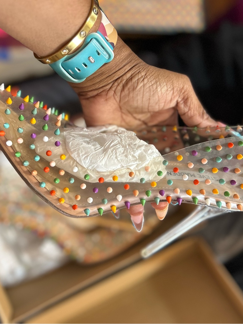 Steve Madden Clear Stiletto Heels with Multicolor Spike Studs